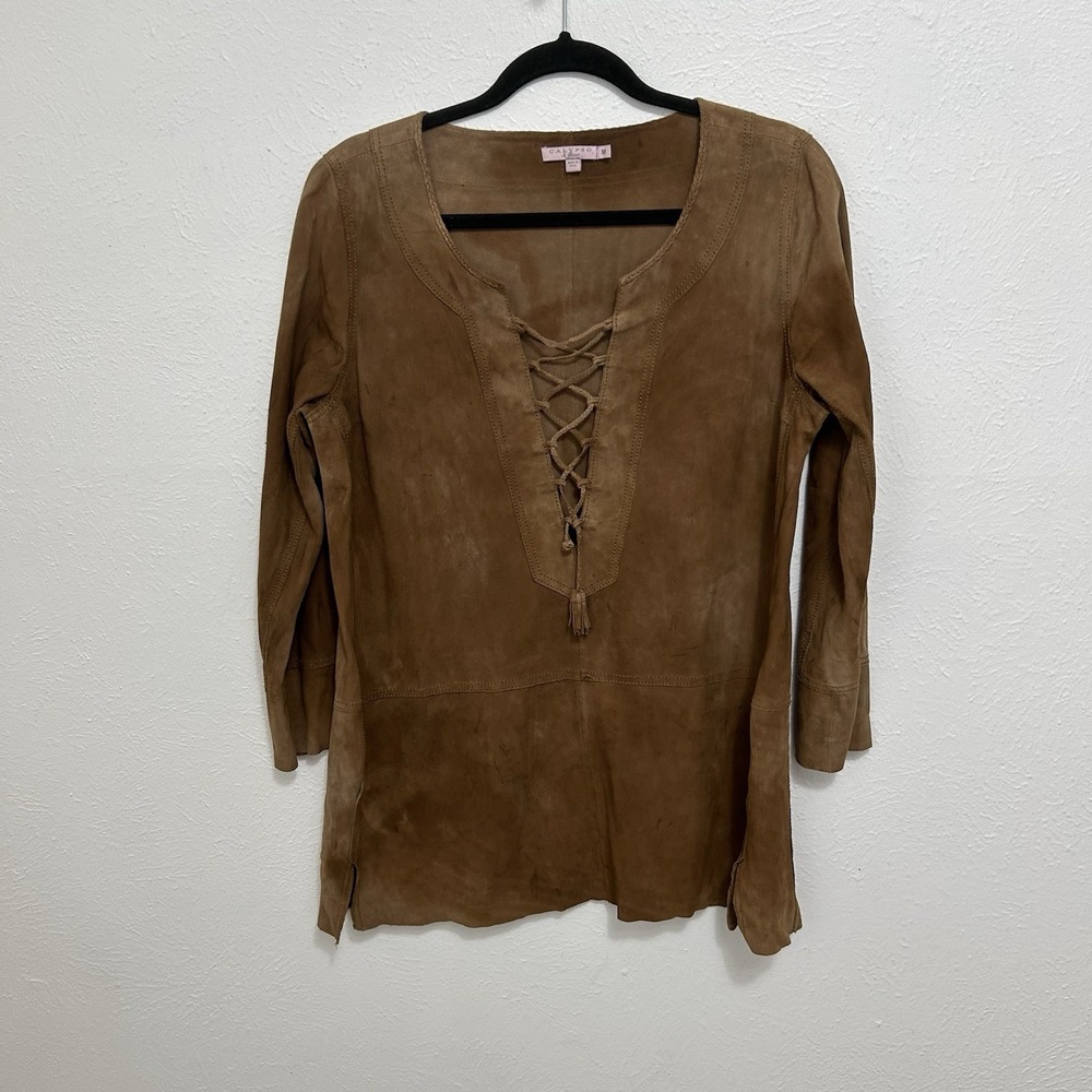 Calypso St. Barth Suede Leather Lace Up Neck Tunic Top Brown Western Ranch Sz M